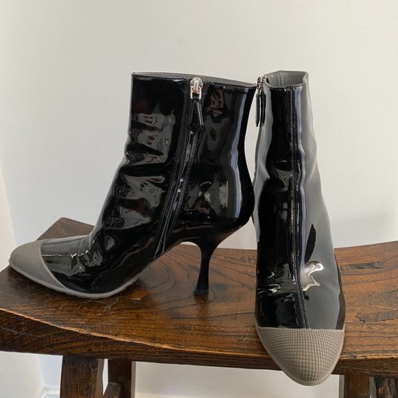 Miu Miu Black Patent Leather Kitten-Heeled Booties W/ Rubber Toe, Sz 37/7